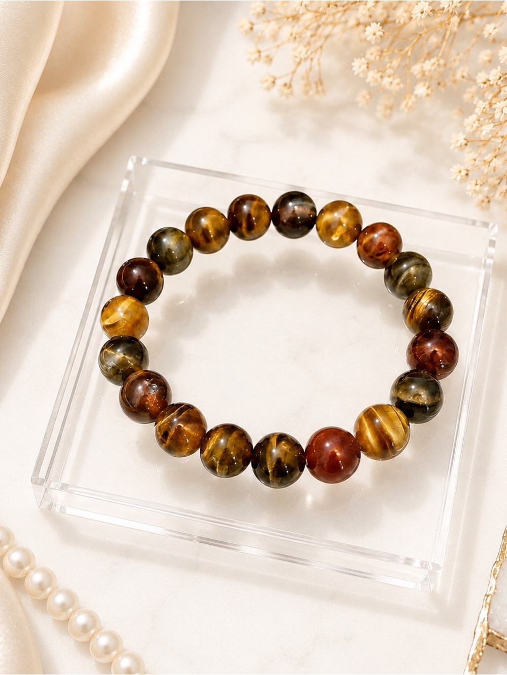 Tiger Eye Multi-Color Beaded Stretch Bracelet - Polished Brown & Gold Tones